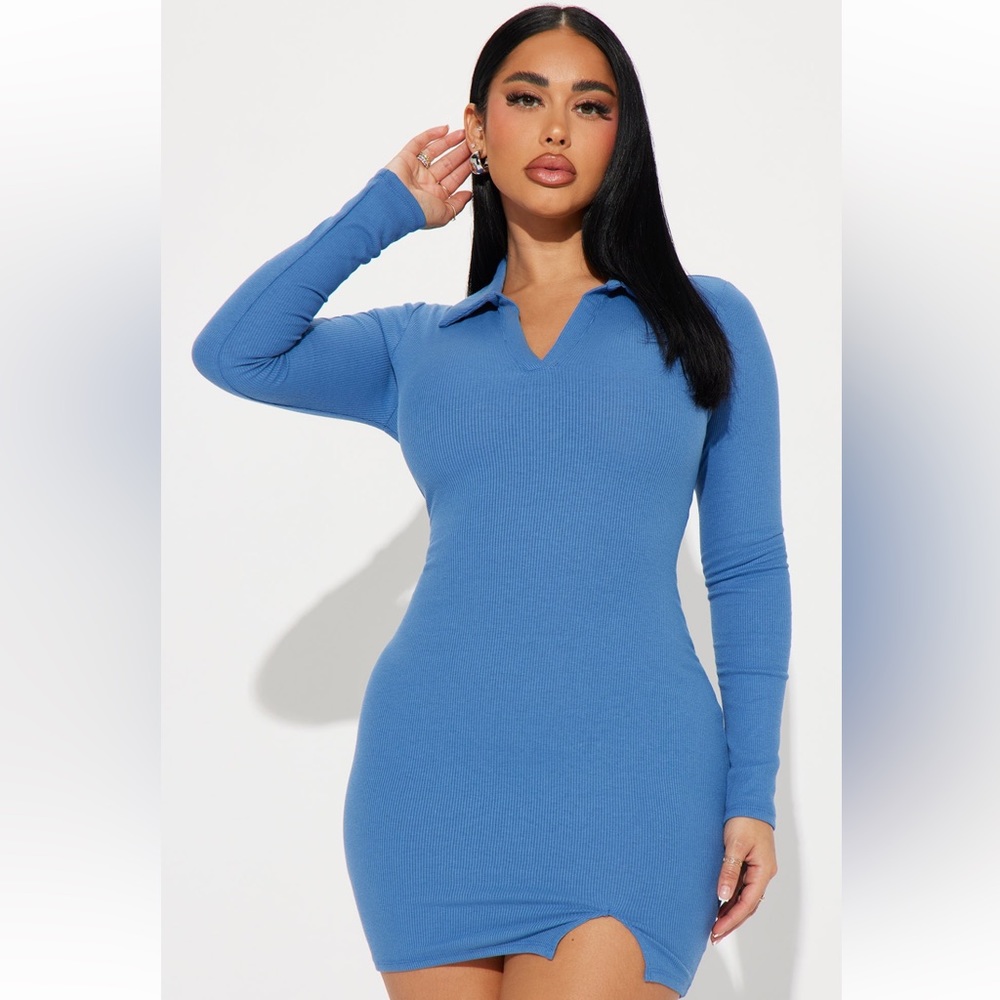 BLUE RIBBED MINI DRESS
